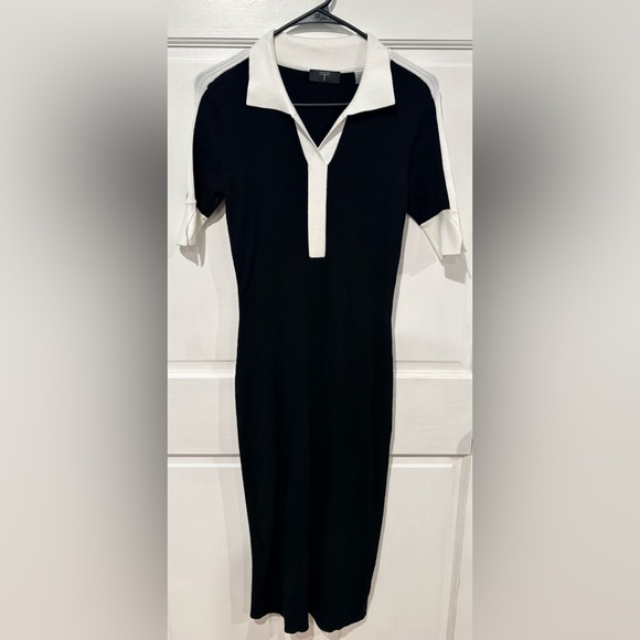 Tahari Elbow Sleeve Split V Neck Collar Rib Dress with Contrast Trim | size: S - Picture 3 of 8